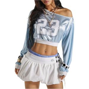 image:imageMakeMeChic Womens Y2K Jersey Top Number Print Asymmetrical Pullover SweatshirtBlue