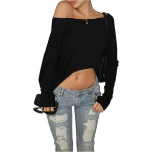 image:imageMakeMeChic Womens Y2K Off Shoulder Crop Tops Asymmetrical Long Sleeve Tee ShirtBlack