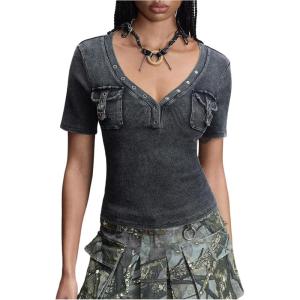 image:imageMakeMeChic Womens Y2k Deep V Neck T Shirt Tops Button Down Buckle Short Sleeve Fitted TeeBlack