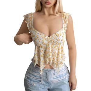 image:imageMakeMeChic Womens Y2k Mesh Floral Ruffle Sleeve T Shirt Sweetheart Layered Crop TopsYellow