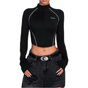 image:imageMakeMeChic Womens Y2k Mock Neck Half Zip T Shirt Long Sleeve Crop Tops StreetwearBlack