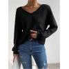 image:imageMakeMeChic Womens Open Back Tops Long Sleeve Shirts Criss Cross Sweaters V Neck Knit PulloverBlack B