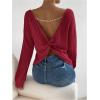 image:imageMakeMeChic Womens Open Back Tops Long Sleeve Shirts Criss Cross Sweaters V Neck Knit PulloverRed