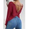 image:imageMakeMeChic Womens Open Back Tops Long Sleeve Shirts Criss Cross Sweaters V Neck Knit PulloverRed