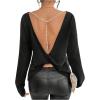 image:imageMakeMeChic Womens Open Back Tops Long Sleeve Shirts Criss Cross Sweaters V Neck Knit PulloverBlack