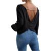 image:imageMakeMeChic Womens Open Back Tops Long Sleeve Shirts Criss Cross Sweaters V Neck Knit PulloverBlack B