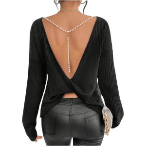 image:imageMakeMeChic Womens Open Back Tops Long Sleeve Shirts Criss Cross Sweaters V Neck Knit PulloverBlack