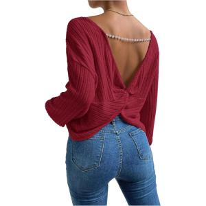 image:imageMakeMeChic Womens Open Back Tops Long Sleeve Shirts Criss Cross Sweaters V Neck Knit PulloverRed