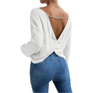 image:imageMakeMeChic Womens Open Back Tops Long Sleeve Shirts Criss Cross Sweaters V Neck Knit PulloverWhite