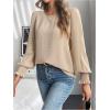 image:imageMakeMeChic Womens Bell Sleeve Frill Trim Shirred Crew Neck Office Shirt Blouse TopsApricot