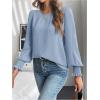 image:imageMakeMeChic Womens Bell Sleeve Frill Trim Shirred Crew Neck Office Shirt Blouse TopsBlue