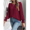 image:imageMakeMeChic Womens Bell Sleeve Frill Trim Shirred Crew Neck Office Shirt Blouse TopsMaroon