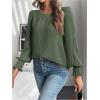 image:imageMakeMeChic Womens Bell Sleeve Frill Trim Shirred Crew Neck Office Shirt Blouse TopsOlive Green