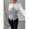 image:imageMakeMeChic Womens Blouses Button Down Shirt Cut Out Long Sleeve Tweed Work Office Tops Fall ClothesBlack and White
