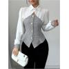 image:imageMakeMeChic Womens Blouses Button Down Shirt Cut Out Long Sleeve Tweed Work Office Tops Fall ClothesBlack and White
