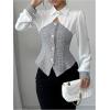 image:imageMakeMeChic Womens Blouses Button Down Shirt Cut Out Long Sleeve Tweed Work Office Tops Fall ClothesBlack and White