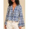 image:imageMakeMeChic Womens Boho Bell Sleeve Blouse Tie Front V Neck Tribal Print Shirt TopsBlue