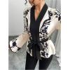 image:imageMakeMeChic Womens Boho Tops Floral Bell Sleeve Tie Front Blouse V Neck Belted Work Dressy ShirtApricot