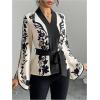 image:imageMakeMeChic Womens Boho Tops Floral Bell Sleeve Tie Front Blouse V Neck Belted Work Dressy ShirtApricot