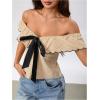 image:imageMakeMeChic Womens Bow Tie Front Sweetheart Blouse Ruffle Cap Sleeve Dressy Crop TopsApricot