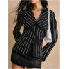 image:imageMakeMeChic Womens Button Down Blouses Lace Trim Striped V Neck Tops Long Sleeve Tie Back ShirtsBlack and White
