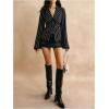 image:imageMakeMeChic Womens Button Down Blouses Lace Trim Striped V Neck Tops Long Sleeve Tie Back ShirtsBlack and White