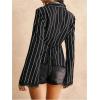 image:imageMakeMeChic Womens Button Down Blouses Lace Trim Striped V Neck Tops Long Sleeve Tie Back ShirtsBlack and White