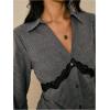 image:imageMakeMeChic Womens Button Down Blouses Lace Trim Striped V Neck Tops Long Sleeve Tie Back ShirtsGrey