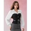 image:imageMakeMeChic Womens Casual Lantern Sleeve Blouse Collar V Neck Belted Color BlockOffice Shirt Work TopsBlack and White