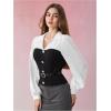 image:imageMakeMeChic Womens Casual Lantern Sleeve Blouse Collar V Neck Belted Color BlockOffice Shirt Work TopsBlack and White