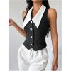 image:imageMakeMeChic Womens Colorblock Suit Vest Button Down Sleeveless Work Outerwear WaistcoatBlack