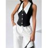 image:imageMakeMeChic Womens Colorblock Suit Vest Button Down Sleeveless Work Outerwear WaistcoatBlack