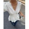 image:imageMakeMeChic Womens Elegant Eyelet Embroidery Lace Deep V Neck Blouse Puff Sleeve Ruffle Shirred TopsBeige