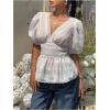image:imageMakeMeChic Womens Elegant Eyelet Embroidery Lace Deep V Neck Blouse Puff Sleeve Ruffle Shirred TopsBeige