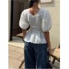 image:imageMakeMeChic Womens Elegant Eyelet Embroidery Lace Deep V Neck Blouse Puff Sleeve Ruffle Shirred TopsBeige