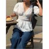 image:imageMakeMeChic Womens Elegant Eyelet Embroidery Lace Deep V Neck Blouse Puff Sleeve Ruffle Shirred TopsBeige
