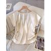 image:imageMakeMeChic Womens Fall Satin Tops Crew Neck Blouse Ruched Drawstring Side Short Sleeve TopsApricot