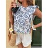 image:imageMakeMeChic Womens Floral Blouse Crew Neck Cap Sleeve Ruffle Embroidery Dressy Summer ShirtBlue and White