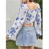 image:imageMakeMeChic Womens Floral Blouse Long Sleeve Crop Top Square Neck Back Zipper Going Out TopsBlue and White