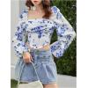 image:imageMakeMeChic Womens Floral Blouse Long Sleeve Crop Top Square Neck Back Zipper Going Out TopsBlue and White