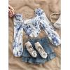 image:imageMakeMeChic Womens Floral Blouse Long Sleeve Crop Top Square Neck Back Zipper Going Out TopsBlue and White