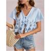 image:imageMakeMeChic Womens Floral Blouse Tie V Neck Short Sleeve Scallop Trim Summer Crop TopsBlue