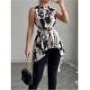 image:imageMakeMeChic Womens Floral Crew Neck Blouse High Low Sleeveless Belted Shirt TopsMulticolor