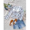 image:imageMakeMeChic Womens Floral Crop Tops V Neck Tie Front Ruffle Hem Long Sleeve Peplum BlouseBlue and White