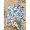 image:imageMakeMeChic Womens Floral Crop Tops V Neck Tie Front Ruffle Hem Long Sleeve Peplum BlouseBlue and White B