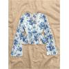 image:imageMakeMeChic Womens Floral Crop Tops V Neck Tie Front Ruffle Hem Long Sleeve Peplum BlouseBlue and White B