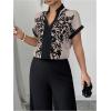 image:imageMakeMeChic Womens Floral Notched Blouse Contrast Binding Short Sleeve Work Dressy TopsGrey