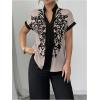 image:imageMakeMeChic Womens Floral Notched Blouse Contrast Binding Short Sleeve Work Dressy TopsGrey