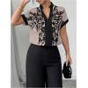 image:imageMakeMeChic Womens Floral Notched Blouse Contrast Binding Short Sleeve Work Dressy TopsGrey