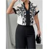 image:imageMakeMeChic Womens Floral Notched Blouse Contrast Binding Short Sleeve Work Dressy TopsMulticolor